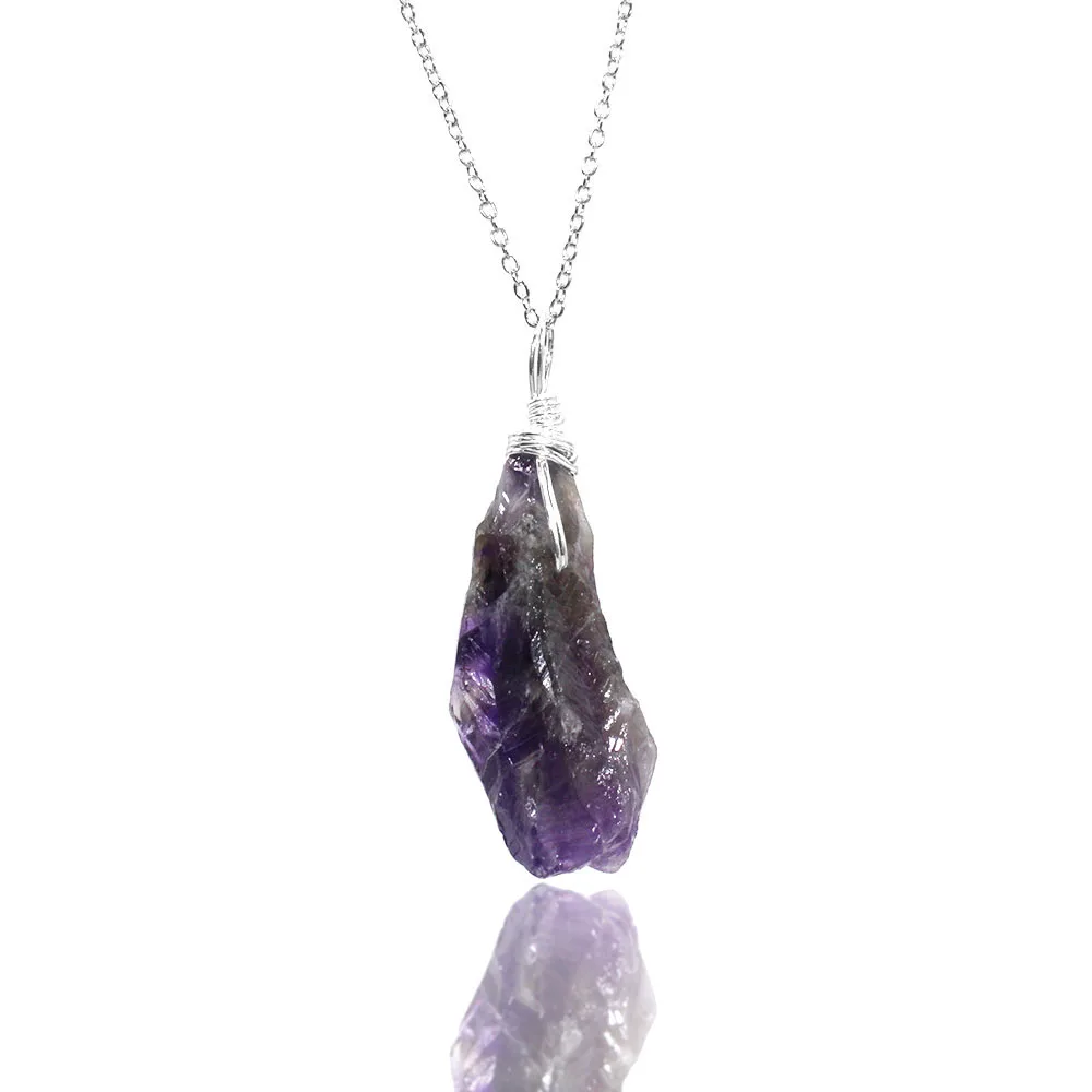 Wire Wrapped Natural Irregular Raw Stone Pendant Necklace Reiki Healing Crystal Amethyst Quartz Jewelry for Women Girls