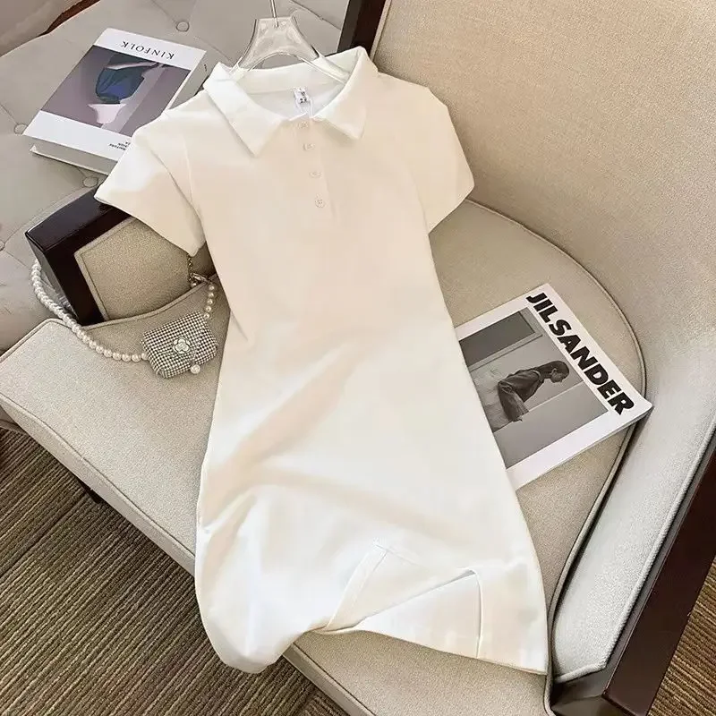 Women Sports Dress Summer Cropped Bodycon Skirt Polo Collar White