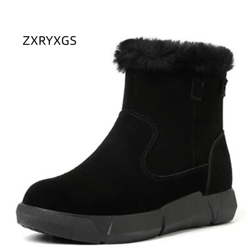

ZXRYXGS 2023 Premium Cow Suede Plush Wool Boots Winter Genuine Leather Boots Warm Shoes Flat Boots Large Size Women Snow Boots