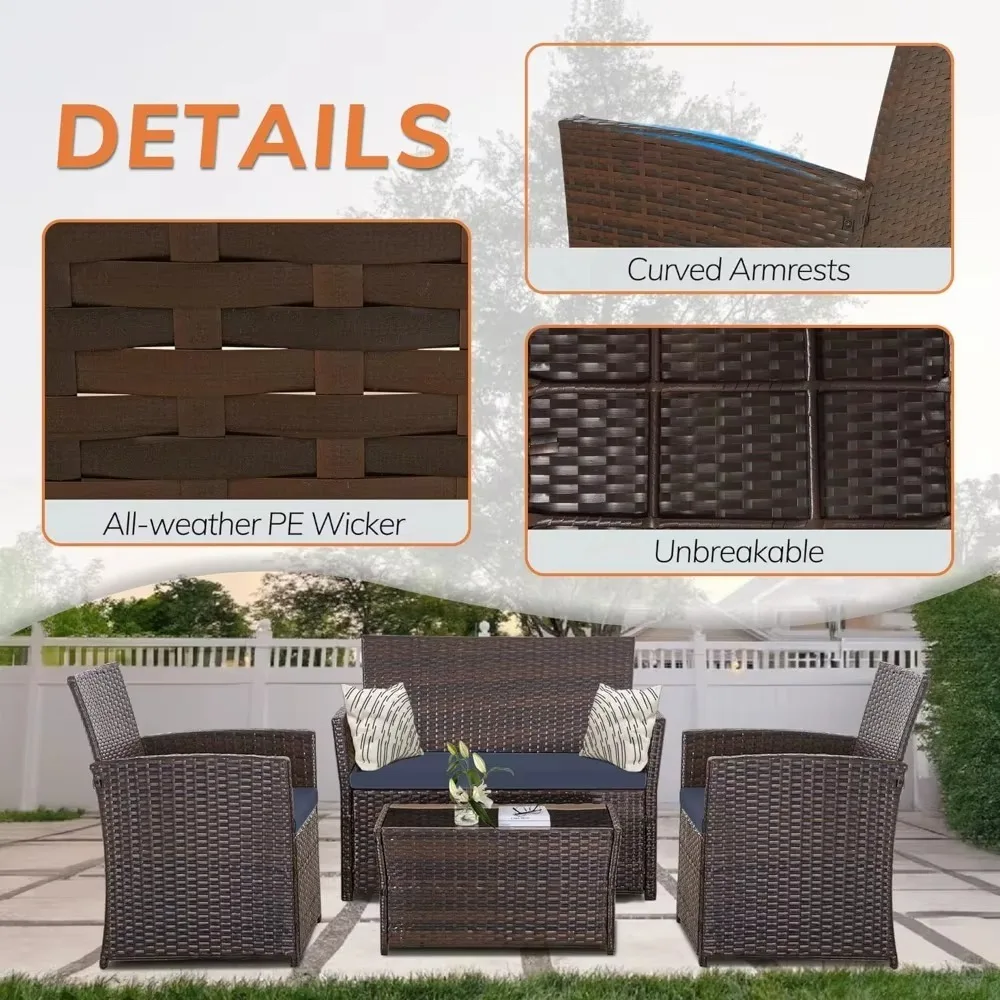 4 Piece Patio Furniture Set,Outdoor Wicker Conversation Sets,Rattan Sectional Sofa w/Coffee Table,Seat Cushions for Backyard Por 2
