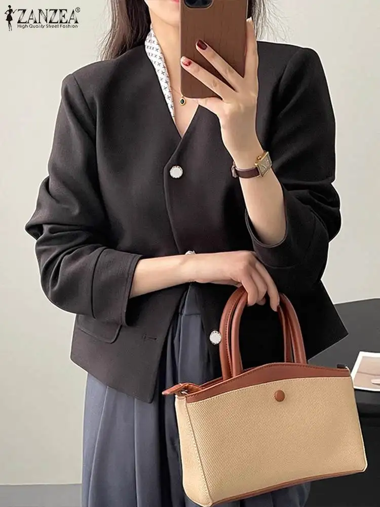 

ZANZEA Fashion Party Jackets Elegant OL Cropped Blazer Woman Long Sleeve V-Neck Suits Autumn Vintage Solid Outwear 2023 Oversize