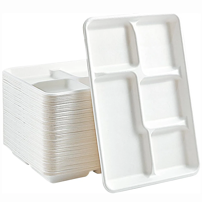 20/50Pcs Disposable 5 Compartment Paper Plates, Eco-Friendly School Lunch Trays, Compostable Bagasse Plates for et Party