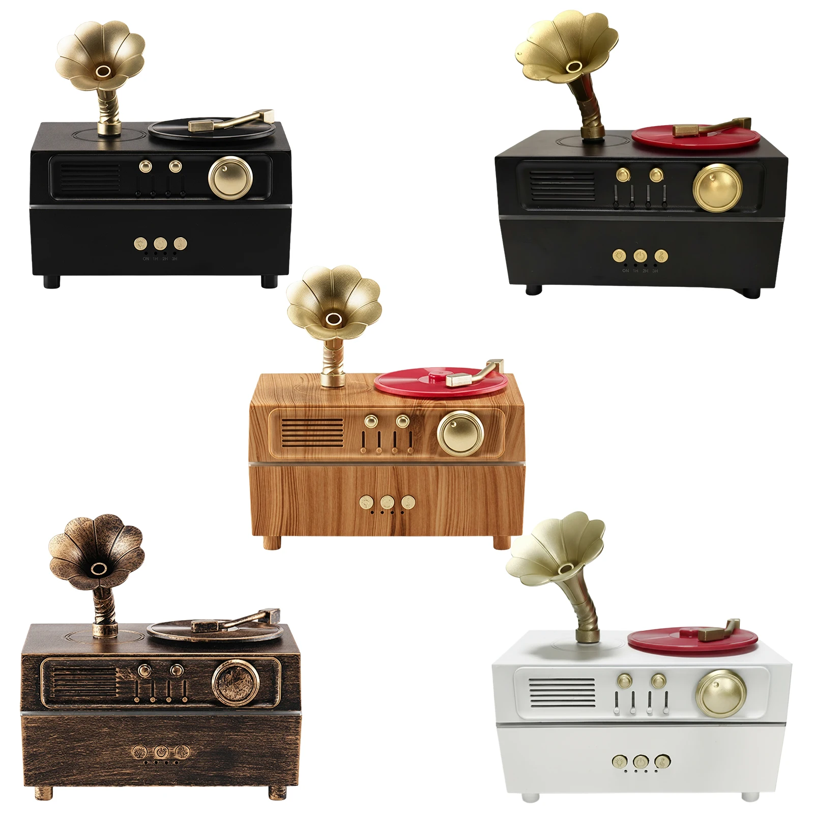 레트로 레코드 플레이어 에센셜 오일 디퓨저 BT 쿨 미스트 가습기 USB 충전 타이머 기능 포함 방, 사무실 및 체육관에 적합