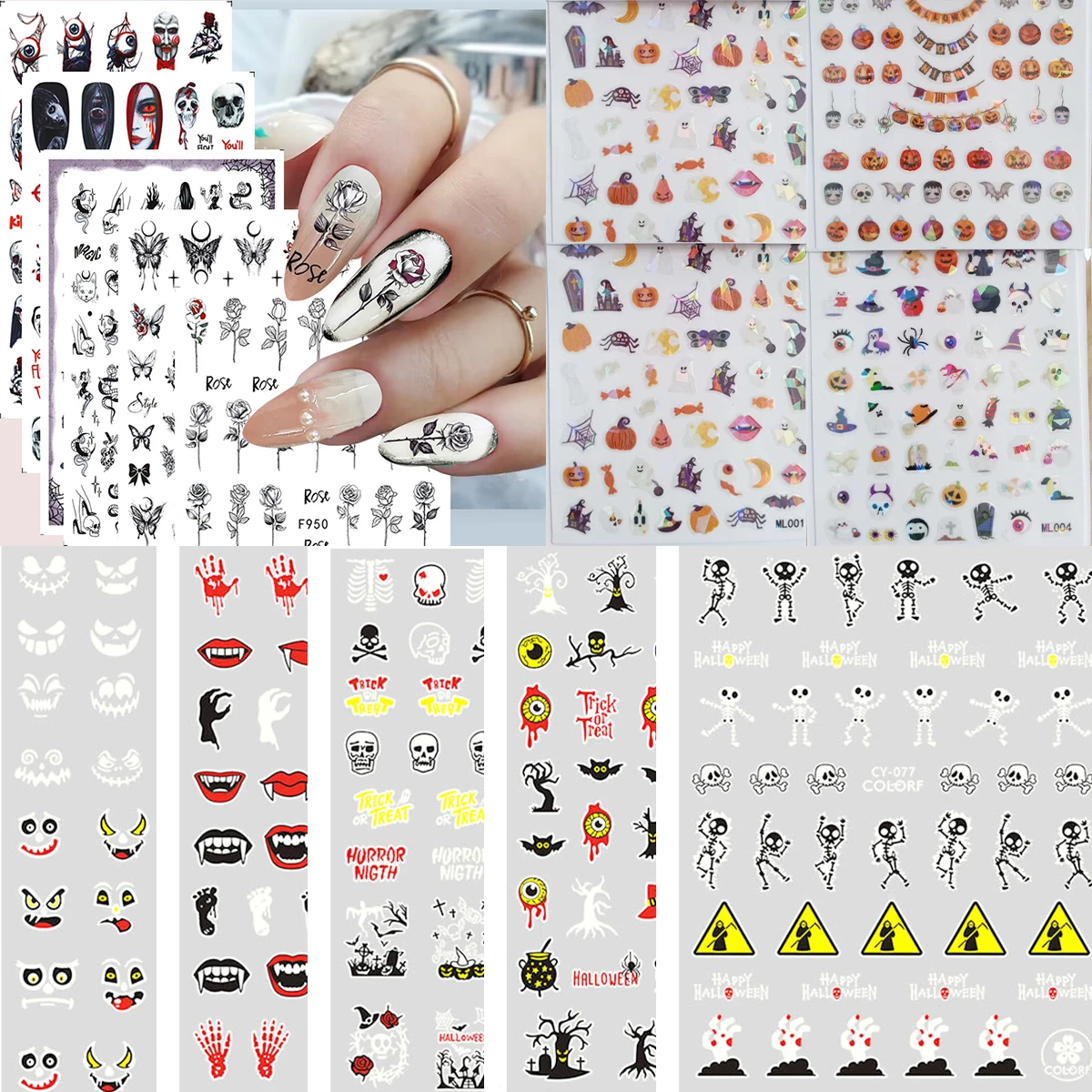 

10PCS Halloween Limited Nail Sticker New Pumpkin Ghost Skull 3D Nail Decoration Decal Self-adhesive craft Accessory Slider