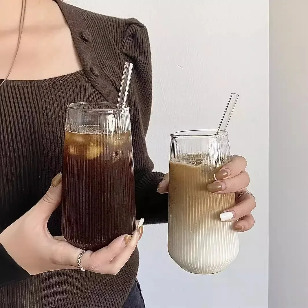 500ml Coffee Glass Cups Heat-Resistant Clear Rib Vertical Stripes Tea Mug for Drinking Milk Beer Wine Juice Tumblers Set Gift