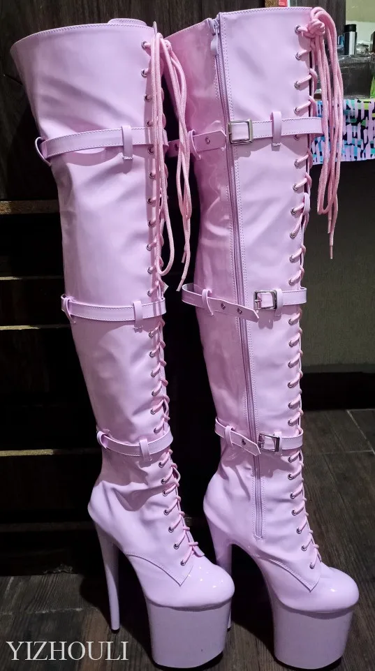 Pink 12-23cm high heel boots, buckled openings with round toe boots, dancers sexy 8-inch buckled, thigh-high boots