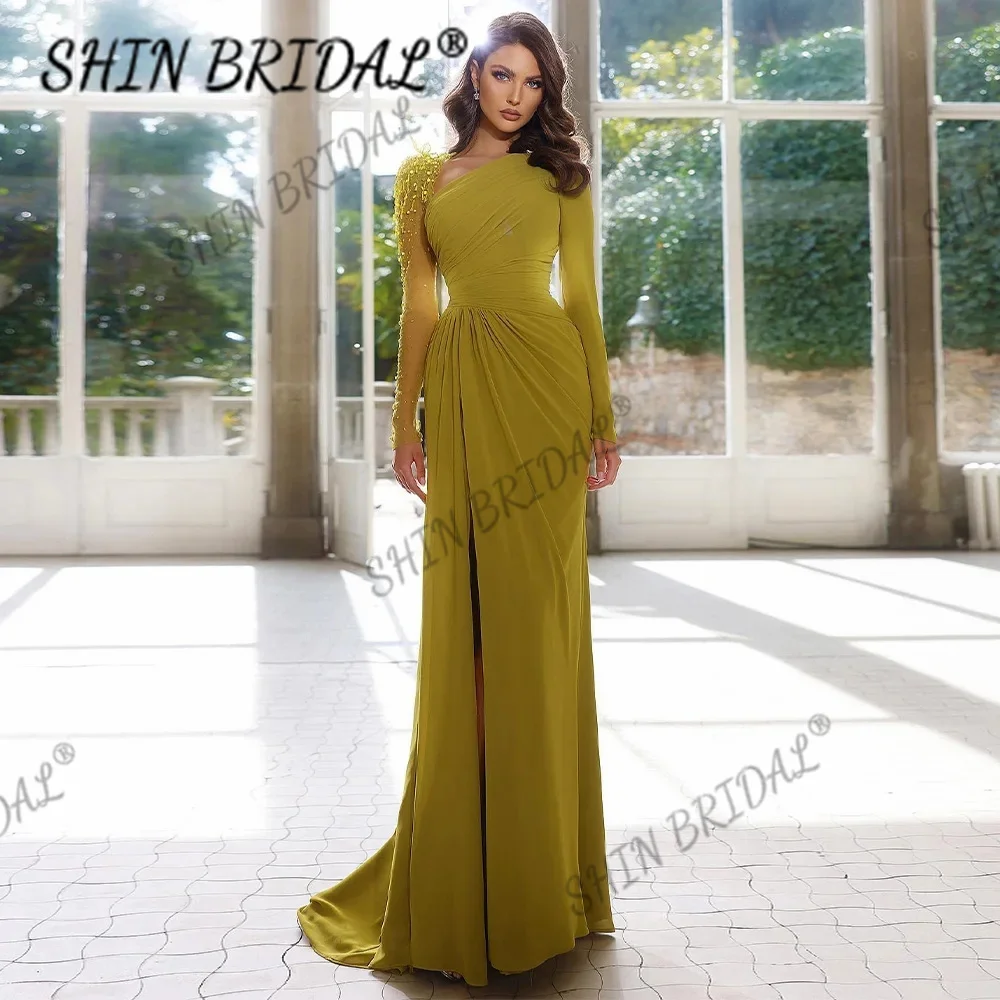 

Gold Evening Dresses Long Sleeves Beaded Side Split Mermaid Dresses For Women 2024 Backless Pleat Chiffon Luxury Formal Dresses
