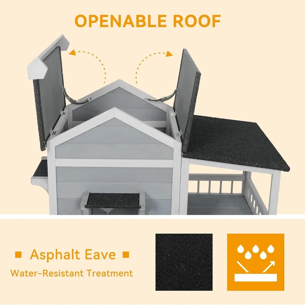 Outdoor Cat House, Feral Kitty Shelter Outside Waterproof with Large Balcony, Escape Door