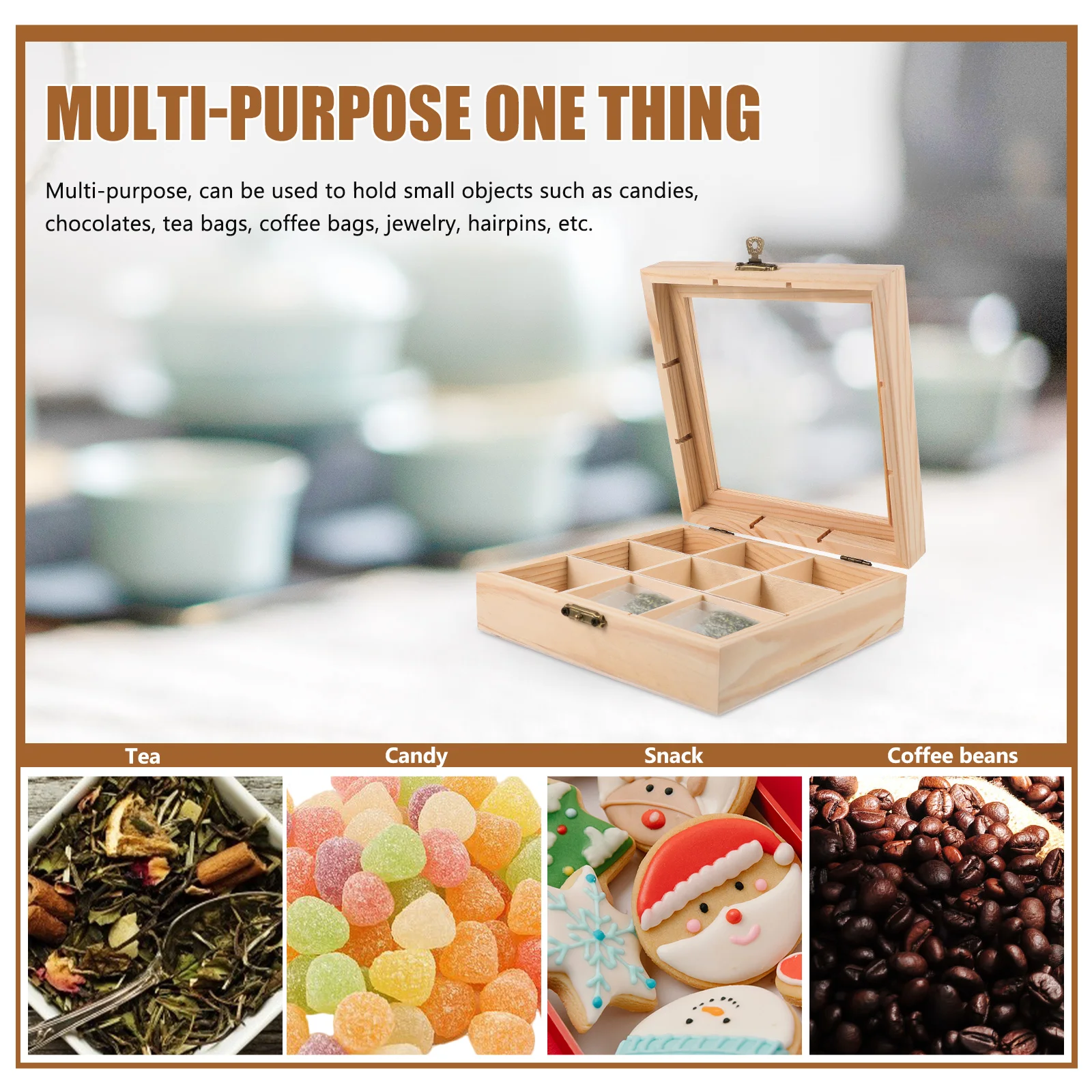 Tea Bag Countertop Holder Sugar Packet Coffee Organizer 9-Compartment Tea Box Wood Drawer With Window Coffee Box