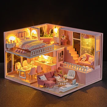 Baby House Mini casa delle bambole in miniatura fai da te piccola casa Kit sala di produzione giocattoli principessa, decorazione della camera da letto di casa con mobili W