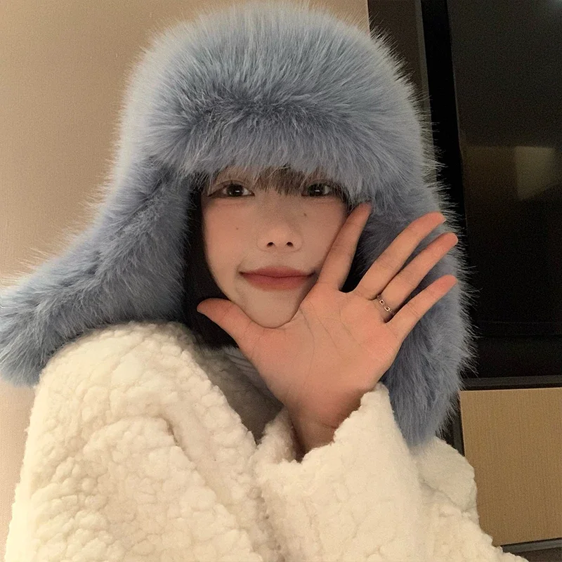 

Korean New Imitation Mink Bomber Hats for Women Autumn and Winter Thickened Warm Ear Protection Hat Outdoor Cute Plush Ski Cap