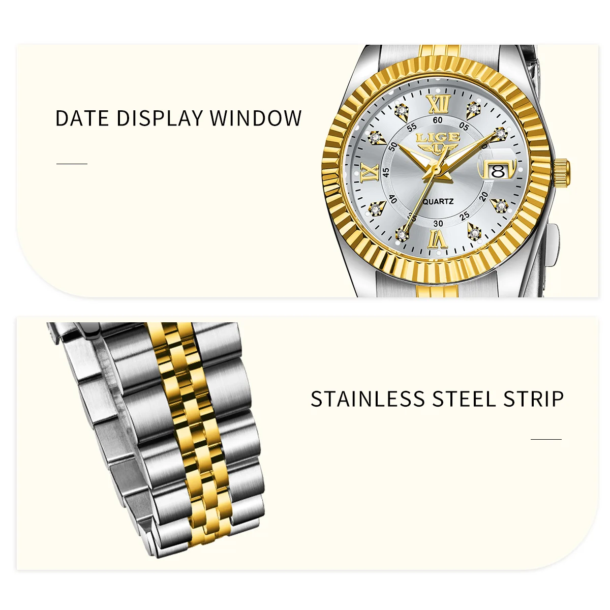 Alina Gadgets Lige Elegant Fashion Quartz Women Watch Sunflower Dial Waterproof Stainless Steel Classic Business Calendar Luxury Ladies Watch, Alina Gadgets