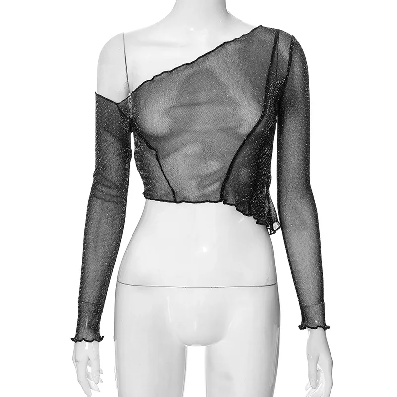 Top corto de un solo hombro con purpurina negra transparente, ajustado, liso, para mujer, top sexy de malla Y2K para fiesta, verano 2025