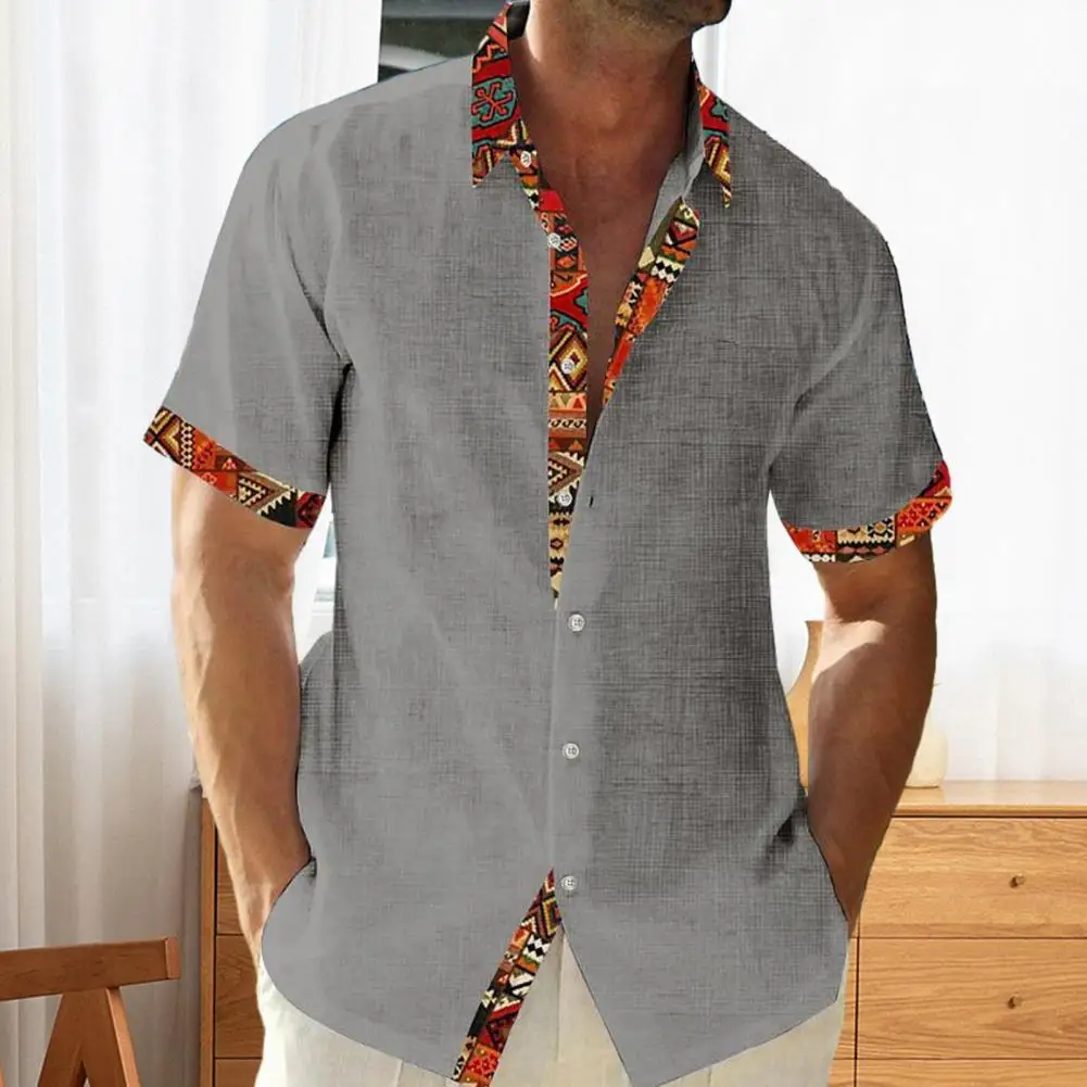 

Men Cuff Placket Shirt Men's Summer Shirt with Turn-down Collar Short Sleeves Patchwork Color Matching Print for Holiday