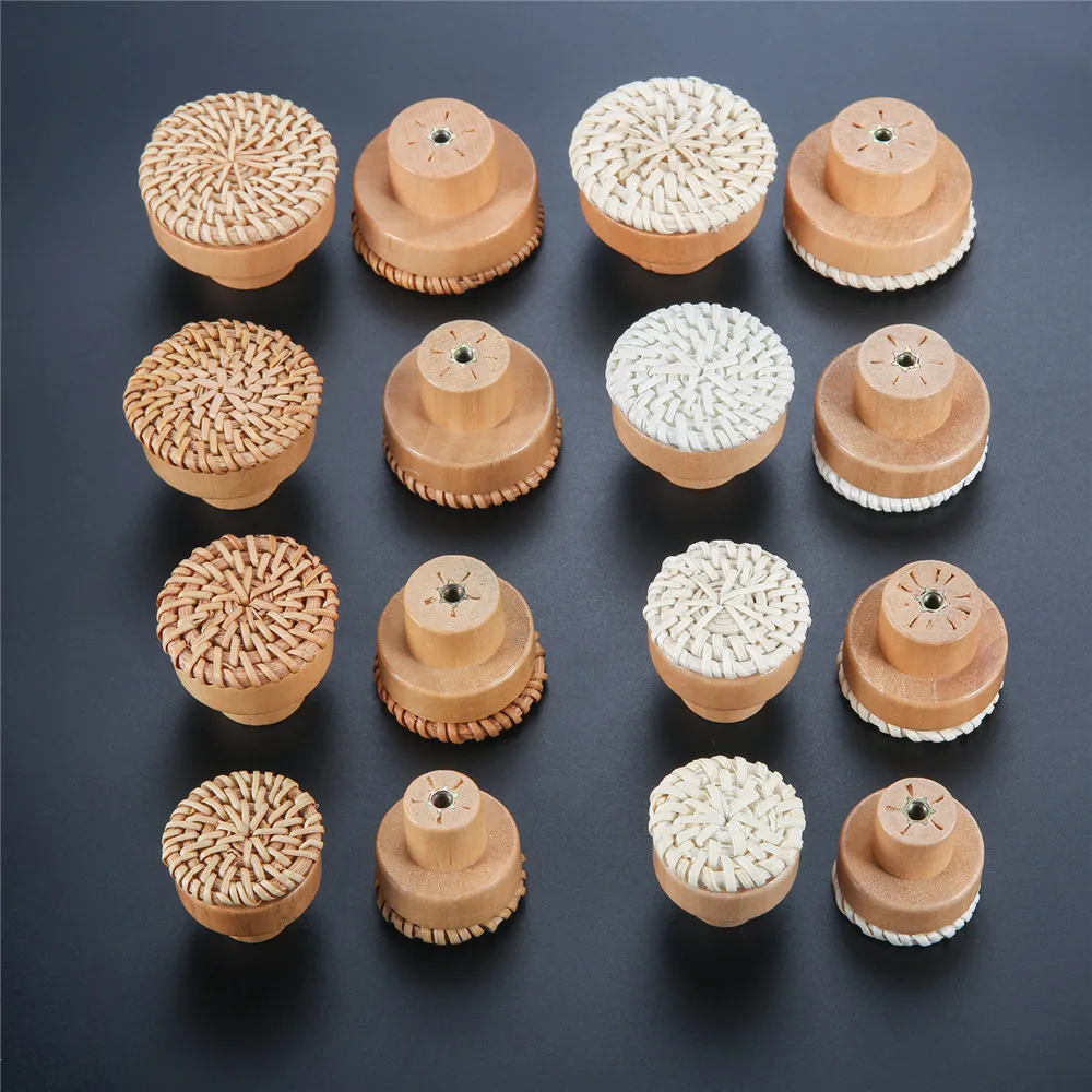 4pcs Rattan Knob w/screw Woven Wicker Round Wood Handle Furniture Pull 30/35/40/45mm Natural Eco-frinedly Exquisite White Coffee Furniture Knobs