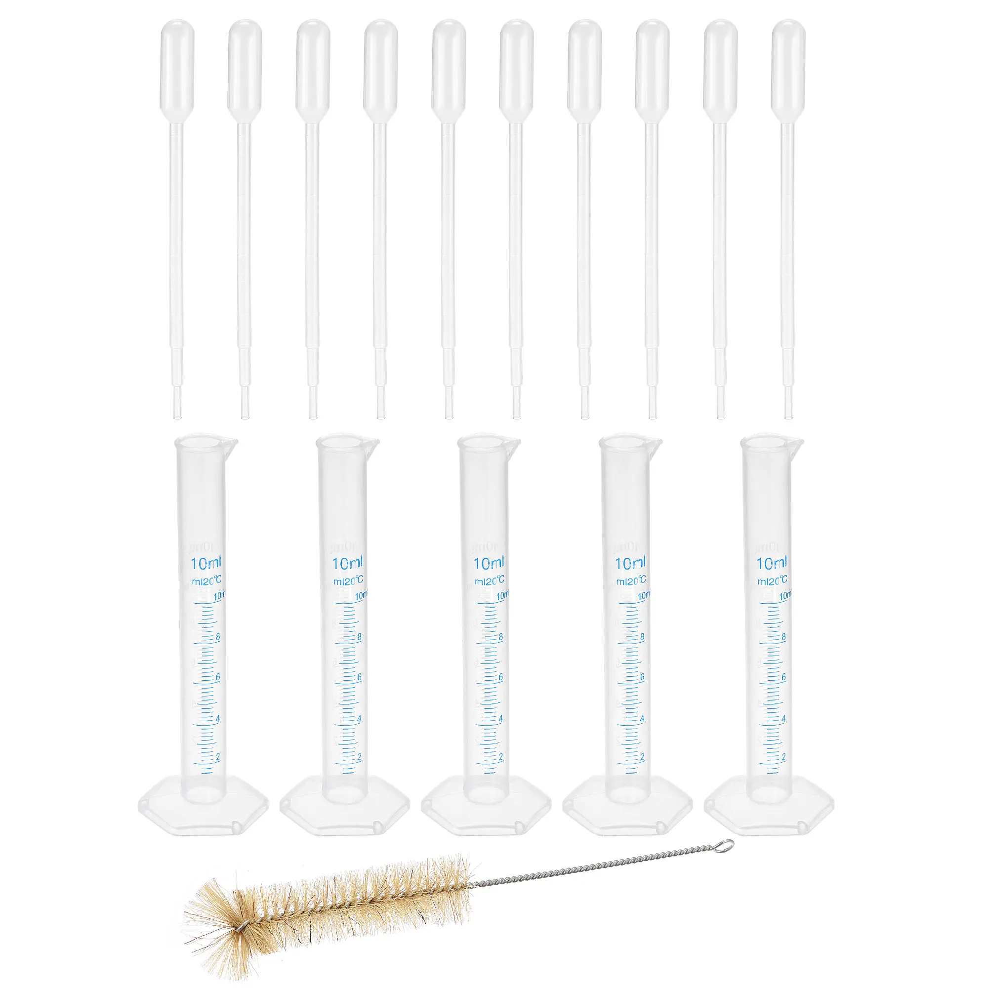 16in1 Plastic Graduated Cylinder Set 5Pcs 10ml Measuring Cylinder with 10Pcs Transfer Pipettes and 1Pcs Brush for Science Lab