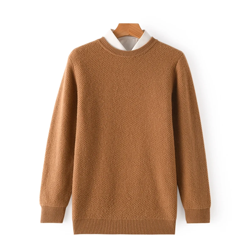 2023 Autumn/Winter New 100% Pure Wool Round Neck Fashion Honeycomb Solid Color Pullover Casual Fit Comfortable Soft Sweater Men