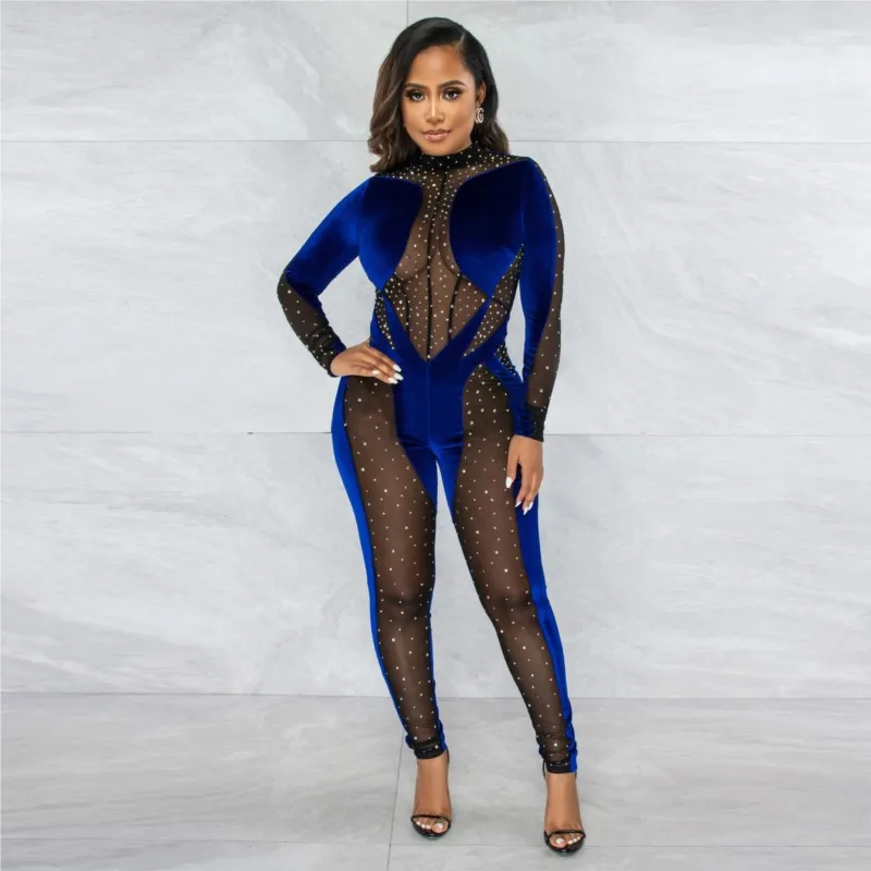 Fashion Sexy See Through Jumpsuit Polyester Mesh Velvet Sequin Nightclub Tight Fitting Personality Jumpsuitspring And Summer 2XL