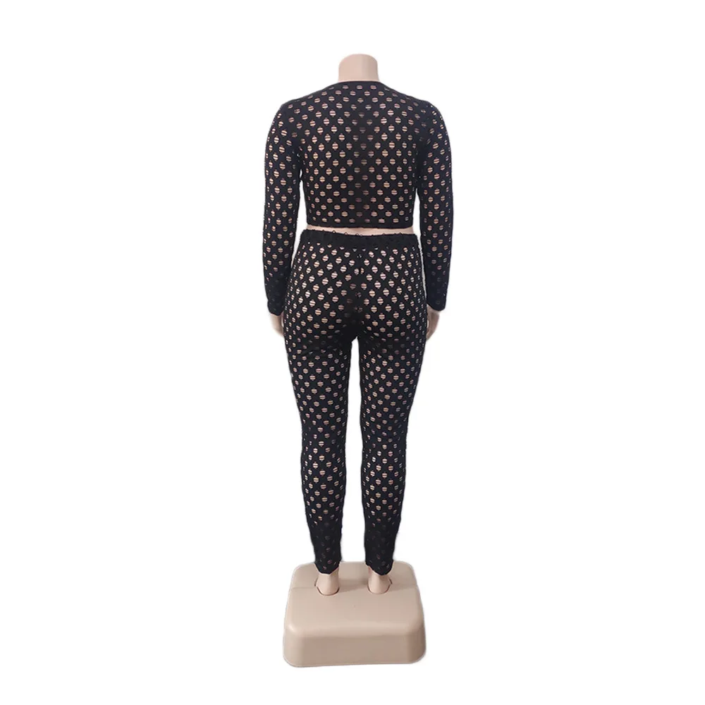 Plus Size Matching Sets Hole See Through Tops Shirts And Pants Female Luxury Fashion Cloth 2023 Summer Women Two Piece Sets