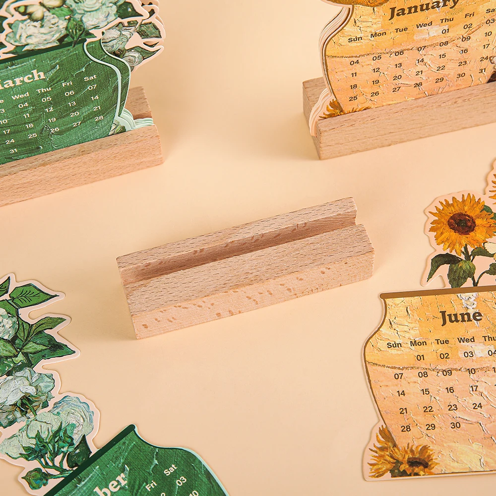 2026 Card Insert Desk Calendar Vintage Painting Monthly Planner With Wooden Base Desktop Decor For Monthly Schedule Organizer