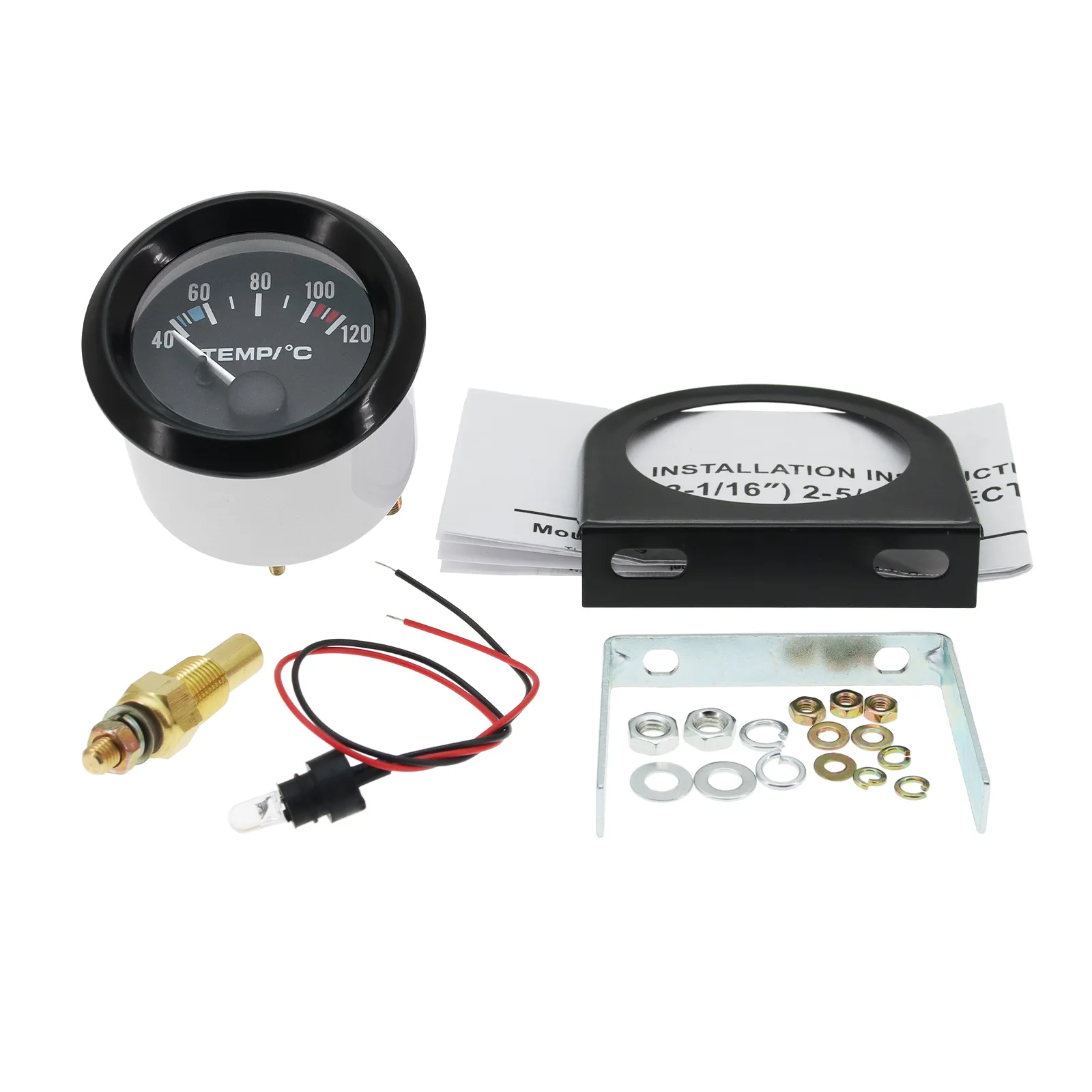 자동차 게이지 수온계 2인치(52mm) 40120℃/100250°F 온도계 12V 자동차 계기판 검정색 베젤