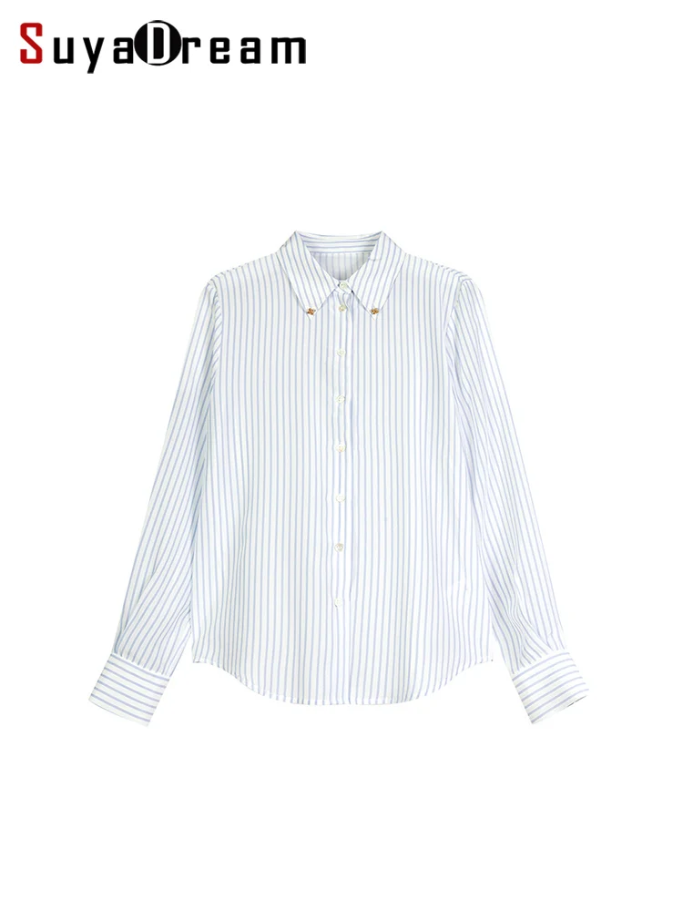 

SuyaDream, Women Striped Shirts, 100%Silk Crepe de chine, White and Blue Blouses, 2024 Spring Summer Office Lady Chic Top