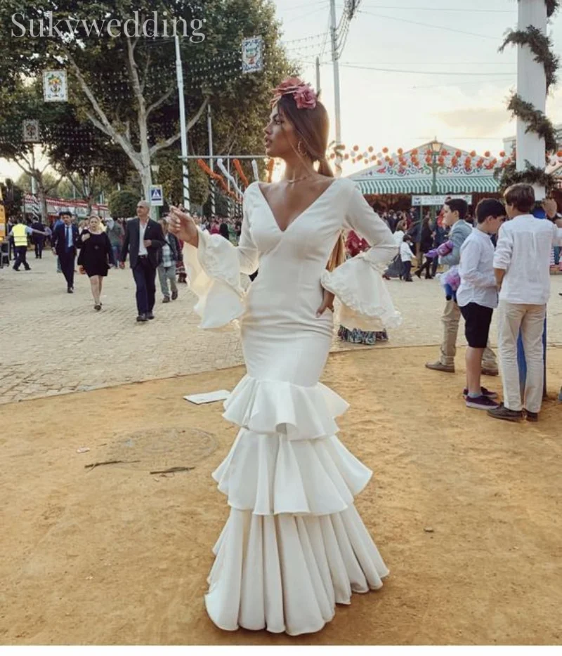 Women Prom Dresses Ivory Mermaid Flamenco Dancing Prom Party Gowns Long Sleeves V neck Spanish Flamenco Evening Occasion Customized