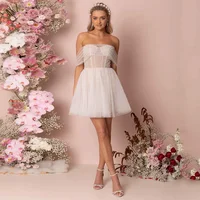 ADLN Short Tulle Pearls Wedding Dresses  Ivory Off-shoulder A Line  Party Gowns 2023 For Women Mini Reception Dress 1