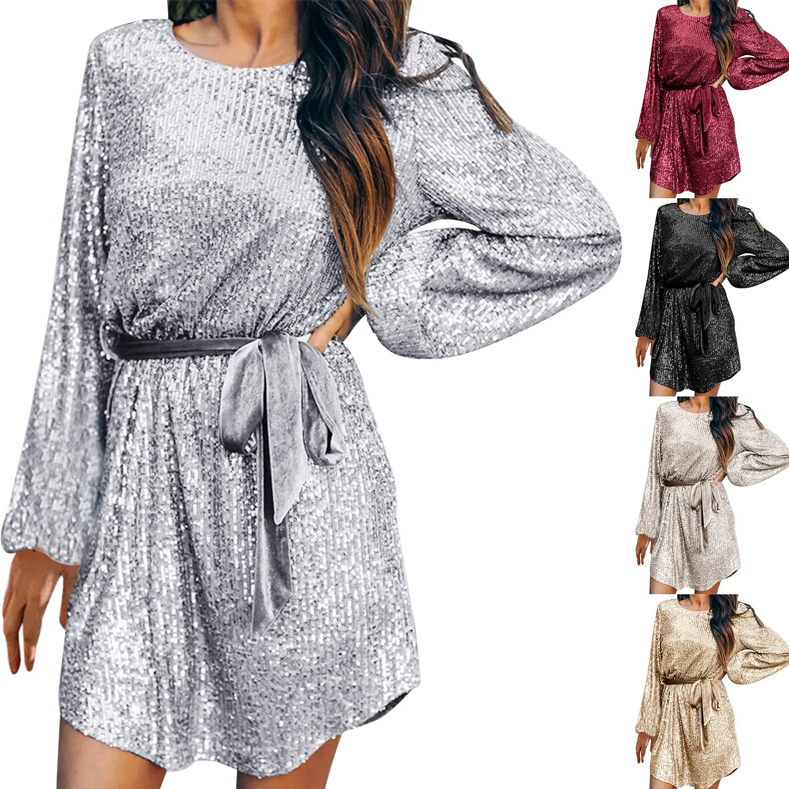 

Sequin Dress For Women Long Sleeve Crewneck Sparkly Glitter Mini Dress Elegant Wedding Cocktail Large Summer Dresses Suit Dress