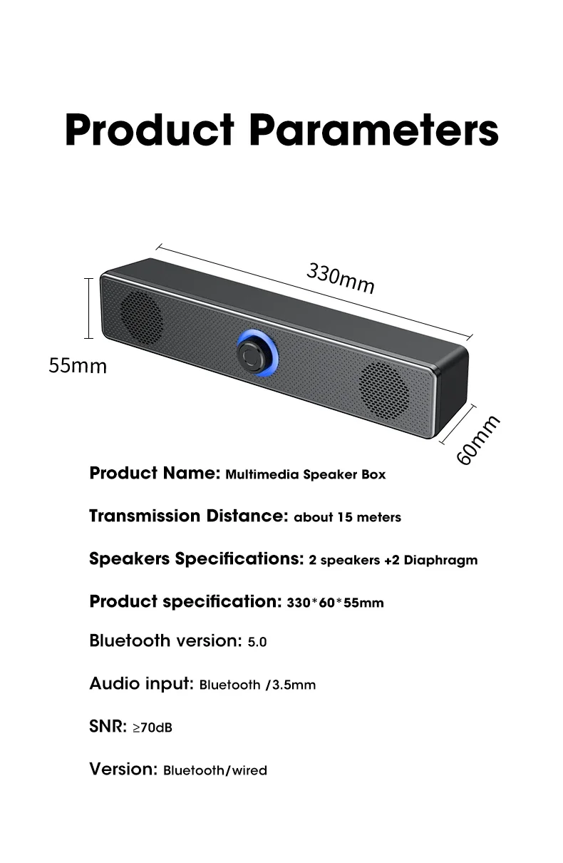 Description Picture 2 of itemSalange Bluetooth Speaker USB Wired 3.5mm Port Sound Bar for PC Game Console Smartphone Laptop Tablet Black Desk Set Long