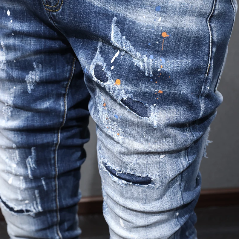 Fashion Streetwear Men Jeans Retro Blue Elastic Stretch Skinny Ripped Jeans Men Vintage Designer Trousers Painted Hip Hop Pants