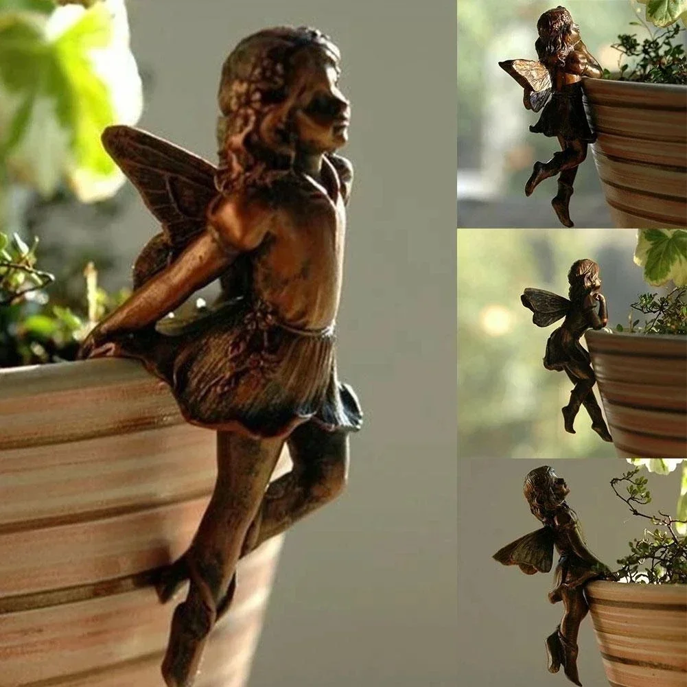 Angel Girl Hanging Cup Resin Decoration Fairy Combination Flower Basket Edge Decoration Garden Design Fairy Pot Huggers