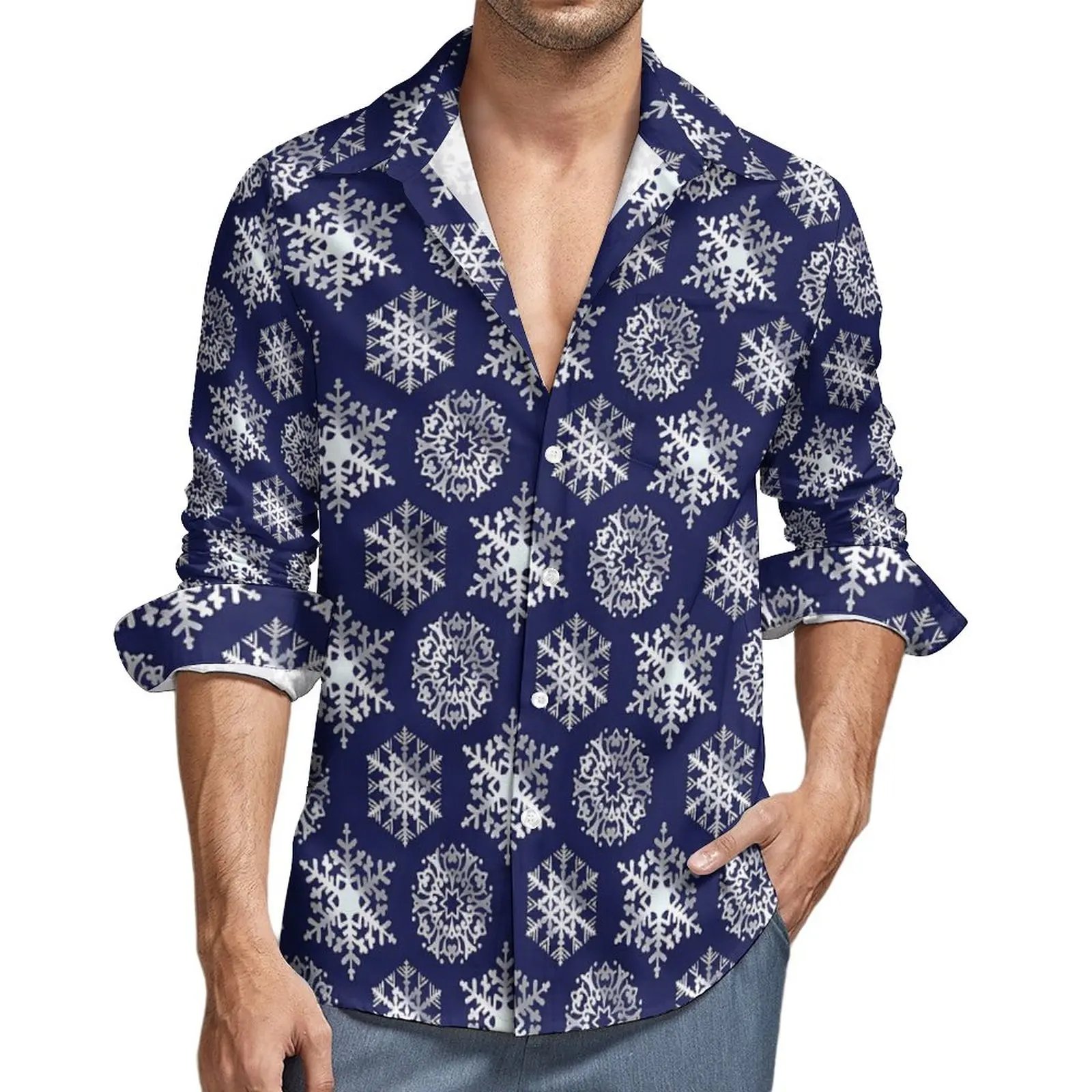 

Snowflake Print Casual Shirts Men Blue and White Shirt Long Sleeve Loose Stylish Blouses Autumn Graphic Clothing Plus Size 4XL