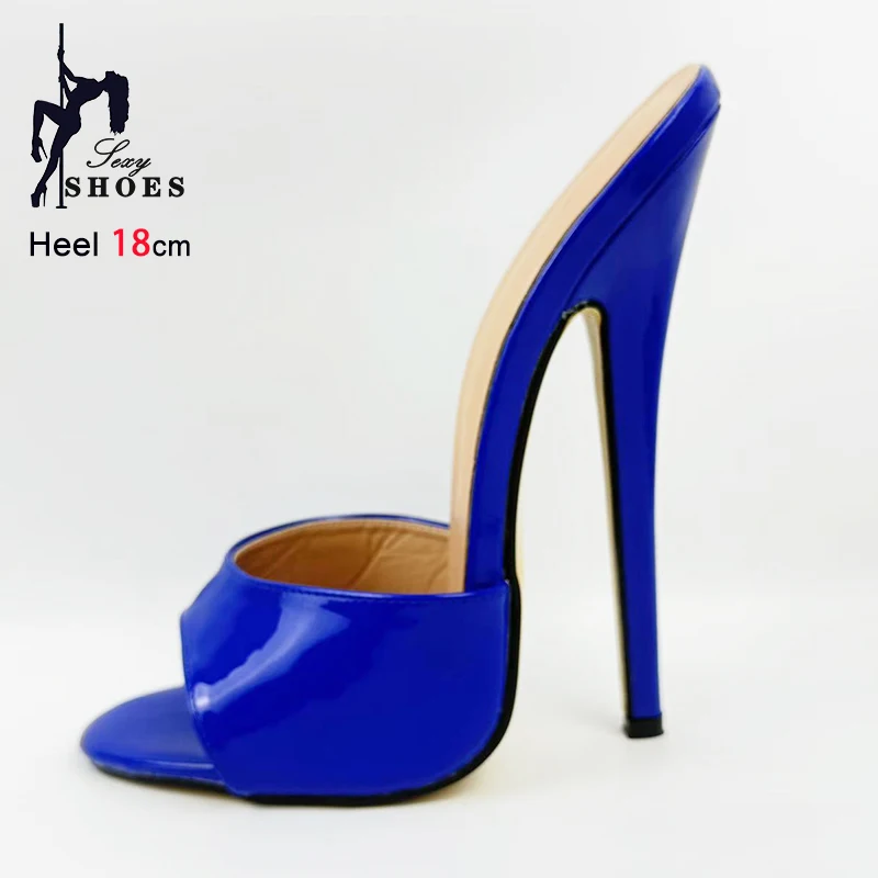 2025 Sexy Deep Blue Summer High Heels Europe and America Ultra high heel Slippers 18CM Stiletto Women Fetish Shoes Slide Sandals
