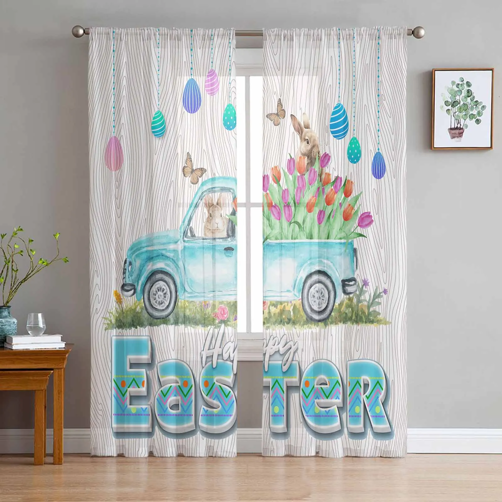 

Easter Truck Eggs Bunny Tulle Curtains for Living Room Sheer Curtain for Bedroom Kitchen Blinds Voile Curtains