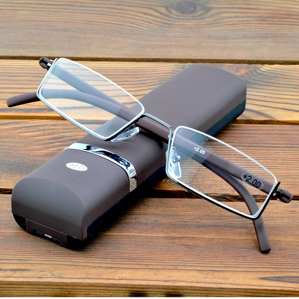 

Up Half-rim Alloy Brown Frame Portable Spectacles Multi-coated Lenses Fashion Reading Glasses +0.75 To +4 with CASE