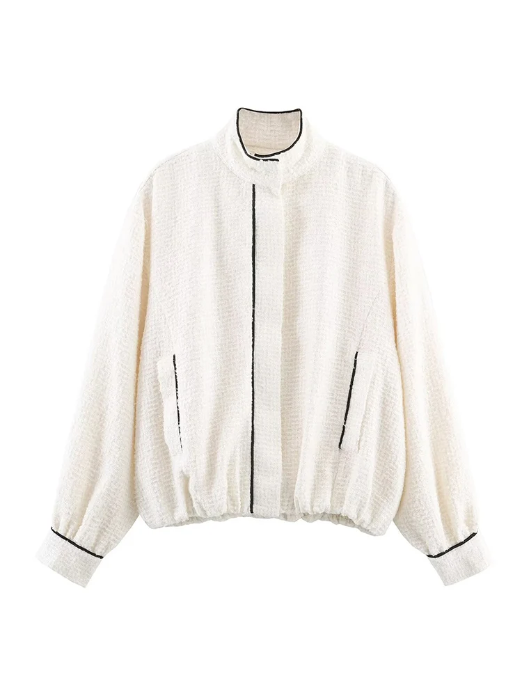 New Women's Casual Zipper Jacket Long Sleeve Stand Collar Contrast Color Fashion Short Jacket With Pocket Autumn Streetwear Lady