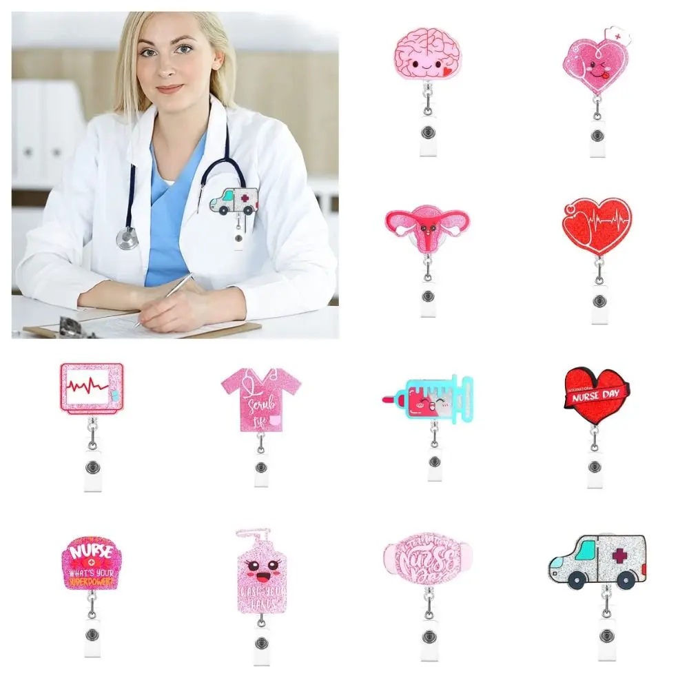 

Glitter Nurse Retractable Badge Reel Chill Pill Acrylic Name Card Holder 360 Rotating Alligator Clip ID Card Clips