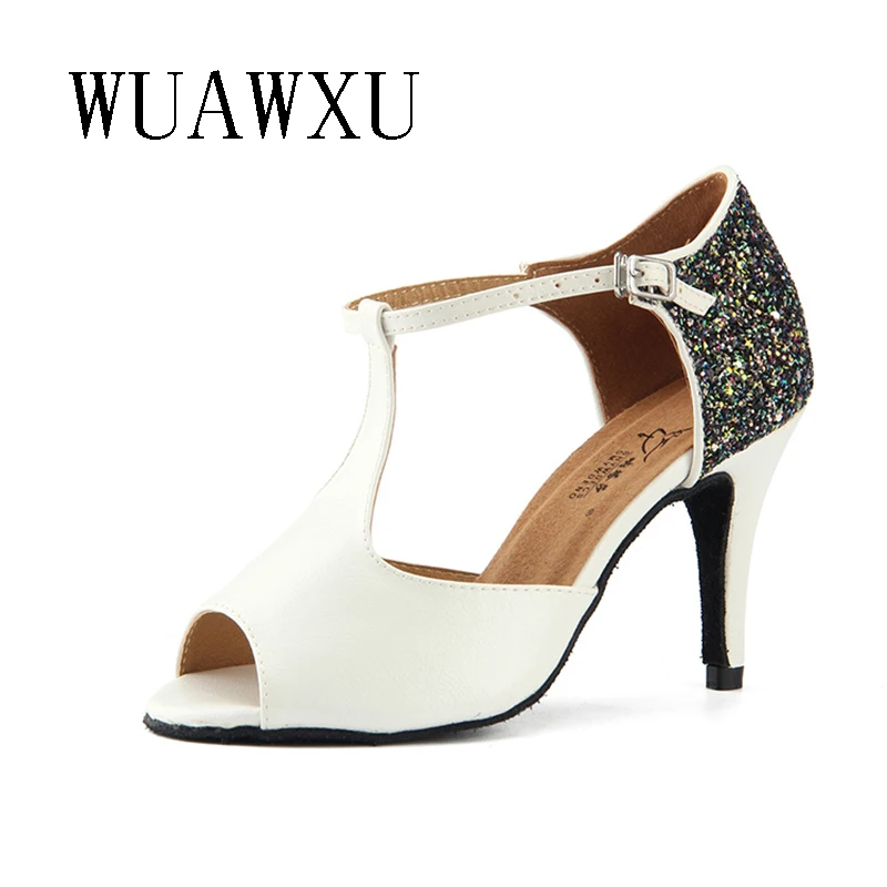 NATASHA 2023 Genuine leather plus seven color sequins Latin dance shoes Fish Mouth Black 7.5 Medium High Heel Soft Sole Square d