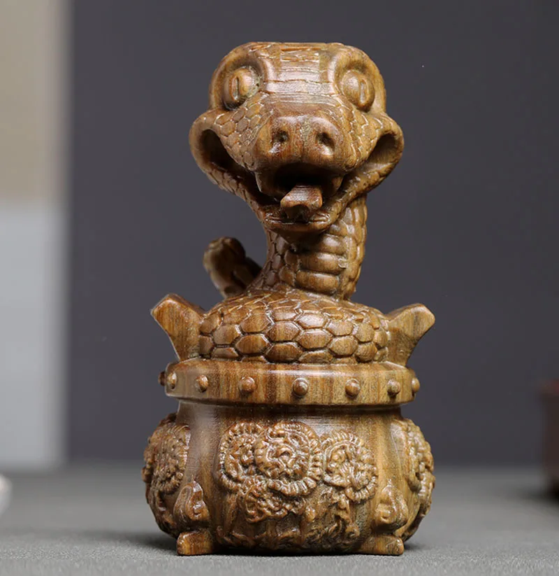 

XS762- 9.8 CM Lovely Snake on Drum Green Sandalwood Sculpture Zodiac Animal Decoration Craft Gift Miniatur Ornaments