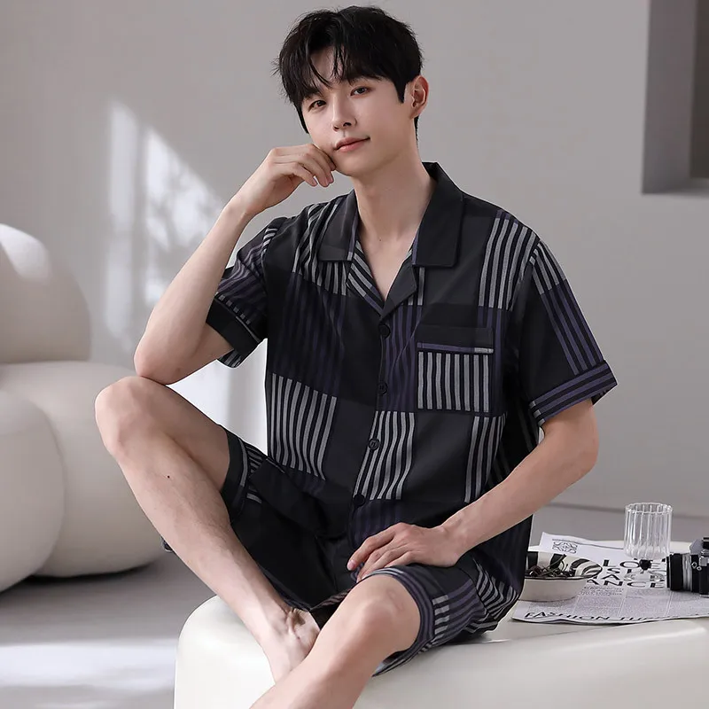 Men's Summer Thin Ice Silk Pajamas Lapel Short Sleeve Cardigan Shorts Oversized Loose Casual Home Clothing Set Luxury Sleepwear