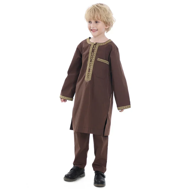 이슬람 어린이 가운 2 조각 세트 어린이 소년 라운드 넥 긴 소매 인쇄 드레스 셔츠 Abaya Kaftan Jubba Thobe 이슬람 의류