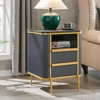 Fluted Nightstand, End Table with Gold Accents, Wood Night Stand with Charging Station, Side Table for Bedroom, Living Room 1