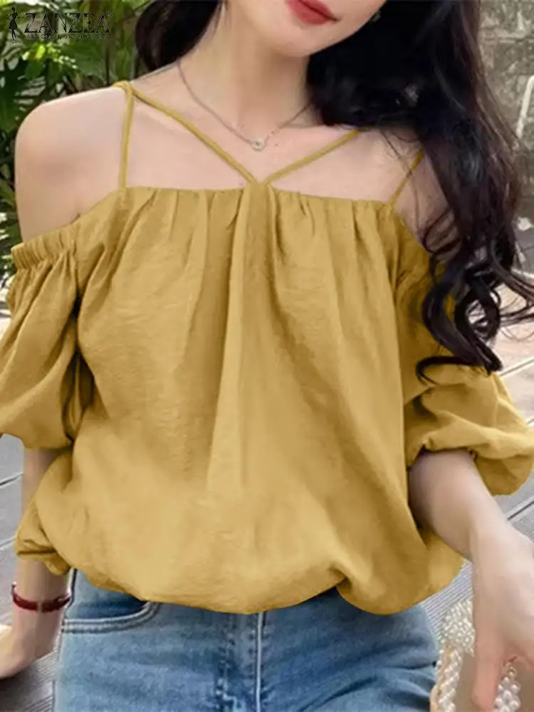 

ZANZEA Fashion Straps Blusas Summer Off Shoulder Blouses Women Stylish Puff Short Sleeve 2023 Chic Solid Smock Tops Oversized