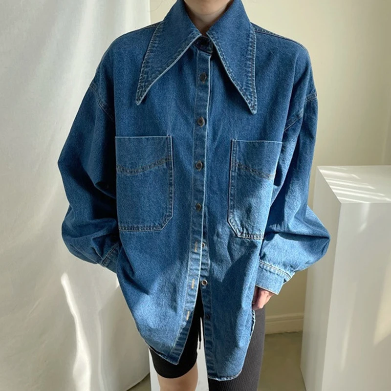 

Clothland Women Stylish Denim Blouse Loose Fit Pocket Long Sleeve Irregular Shirt Cute Casual Tops Blusa Mujer LA946