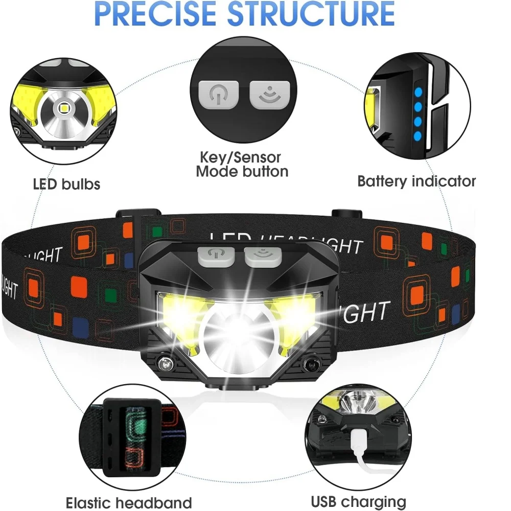 1200 Lumen Bright Headlamp Flashlight LED Rechargeable Headlight Red Light Waterproof Motion Sensor Head Lamp Fishing Head Light