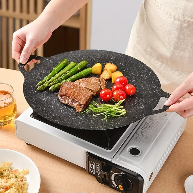 1pc Premium Non-Stick BBQ Pan for Outdoor Camping and Home Cooking - Ideal for Grilling Steaks, Burgers, and Veggies! Gas burner 4