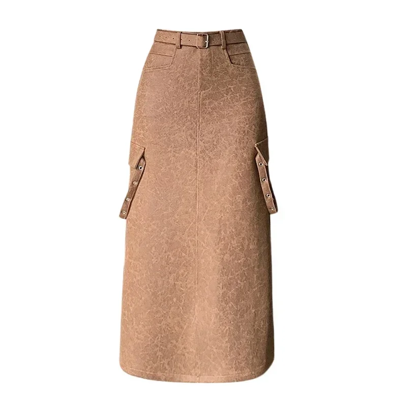 

Autumn Winter Cargo Suede Women's Wrap Long Skirts with Belted 2023 New High Waist Pencil A-Line Skirts Pockets Female