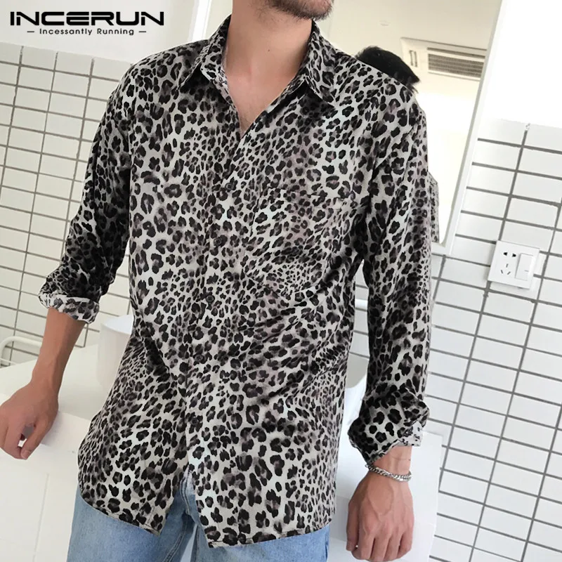 INCERUN 2023 New Fashion Sexy Social Men Shirts Long Sleeve Leopard Printing Tops Male Lapel Camisas Hombre Casual Blouse S-5XL