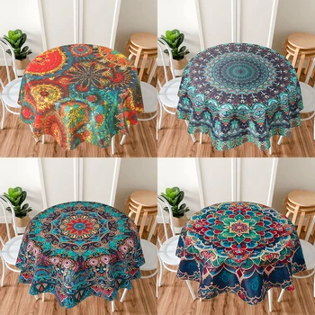Nappe ronde en polyester à motif floral bohème, couverture de table circulaire, imperméable, pour document, terrasse, table à manger, grill pour la maison 1
